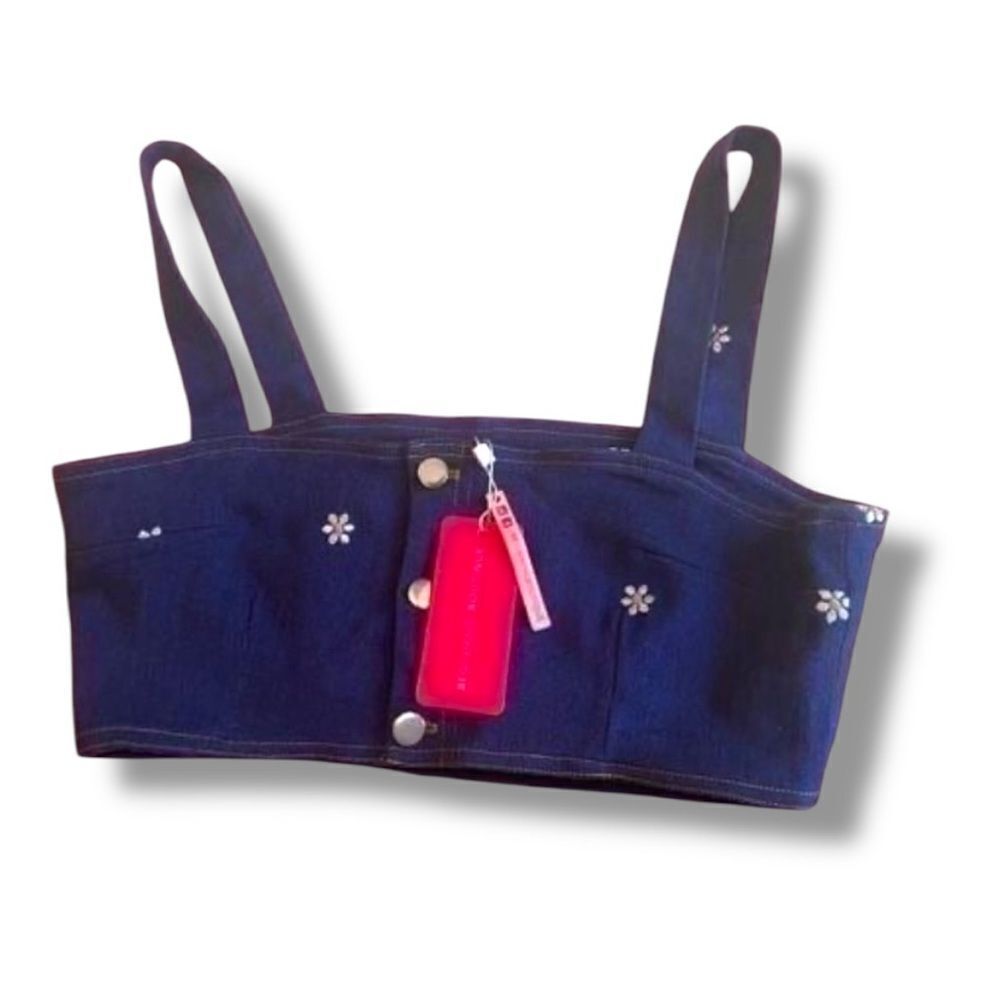 Beginning Boutique Crop Top Denim Sz 12 Daisy Buttons‎ Spaghetti Straps NWT